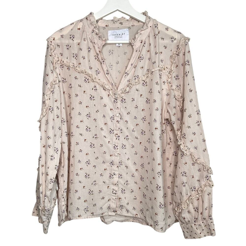 The Shirt by Rochelle Behrens Floral Print Ruffle Sleeve Button Down Womens XL